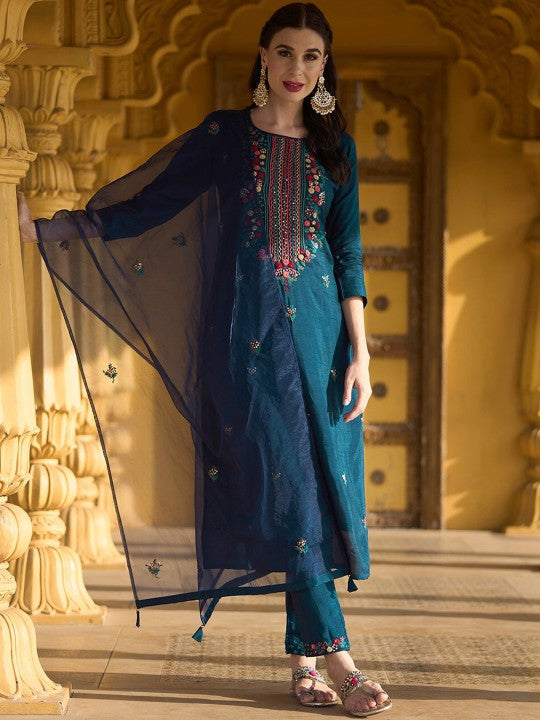 Neck Floral Embroidered Straight Kurta with Trouser & Dupatta