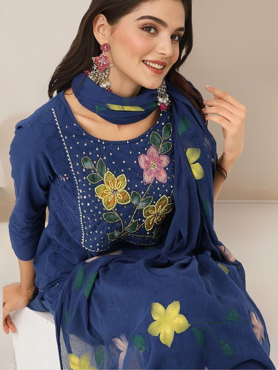 Ishin Ethnic Motifs Printed Thread Work Pure Cotton Straight Kurta With Trouser & Dupatta