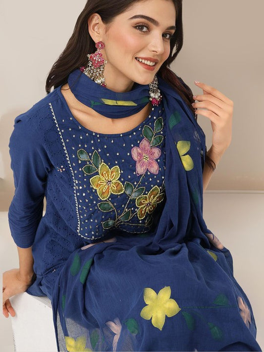 Ishin Ethnic Motifs Printed Thread Work Pure Cotton Straight Kurta With Trouser & Dupatta
