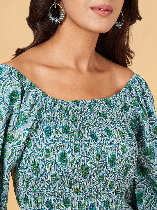YU by Pantaloons Floral Printed Puff Sleeve Pure Cotton Fit & Flare Maxi Ethnic Dresses