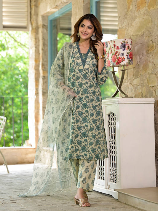 Women Green Floral Printed Pure Cotton Kurta with Pant and Dupatta (Set of 3)