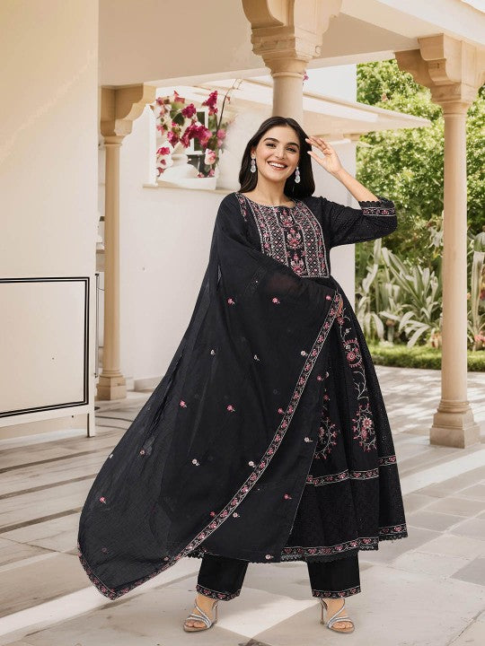 Ishin Ethnic Motifs Embroidered Pure Cotton A-Line Kurta With Trousers & Dupatta