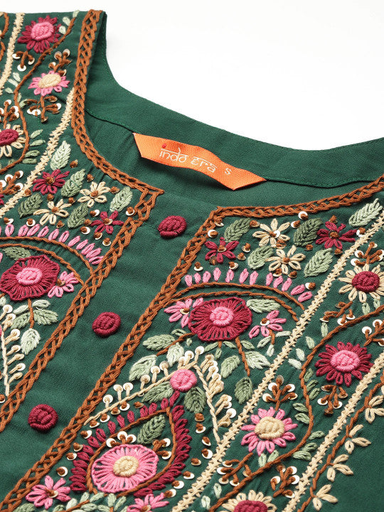 Indo Era Floral Embroidered Thread Work Kurta with Trousers & With Dupatta
