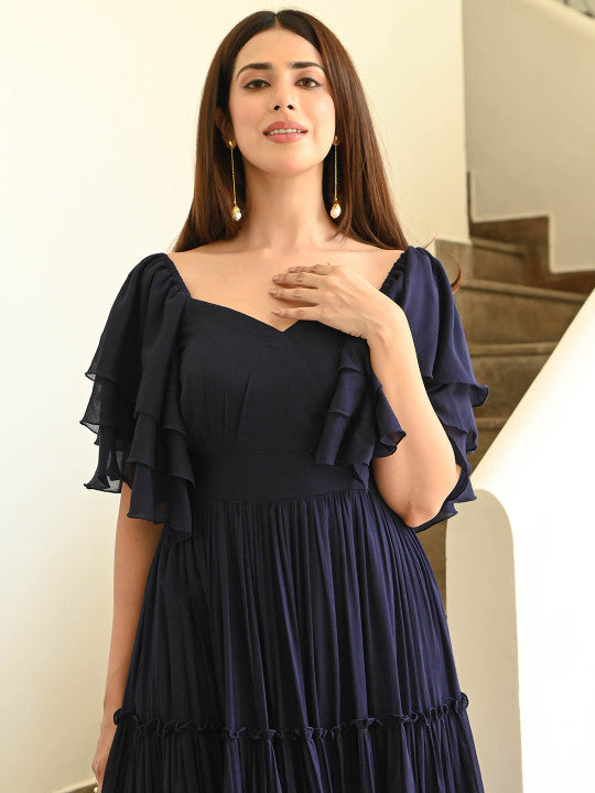 Bunaai Cotton Flared Sleeve Tiered Maxi Gowm