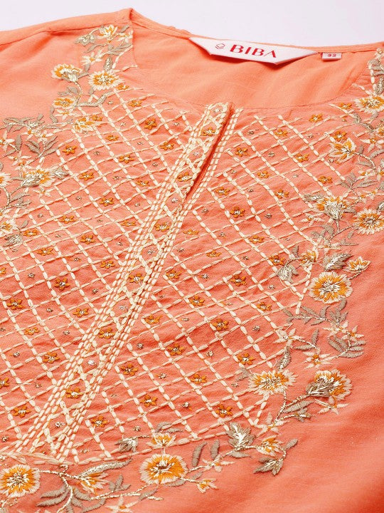 Biba Women Orange Ethnic Motifs Embroidered Thread Work Kurta