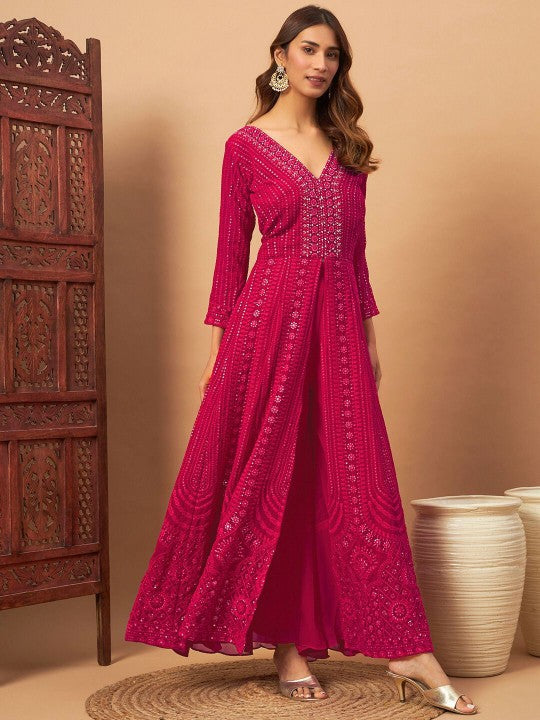 Chhabra 555 Ethnic Motifs Embroidered Mirror Work V-Neck Kurta