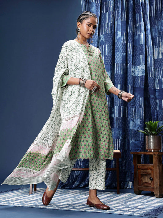 Taavi Floral Printed Regular Pure Cotton Block Print Legacy Kurta with Trousers & Dupatta