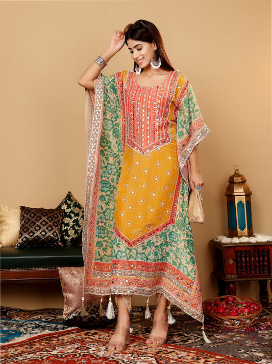 Varanga Floral Embroidered Gotta Patti Pure Silk Kaftan Kurta with Dhoti Pants