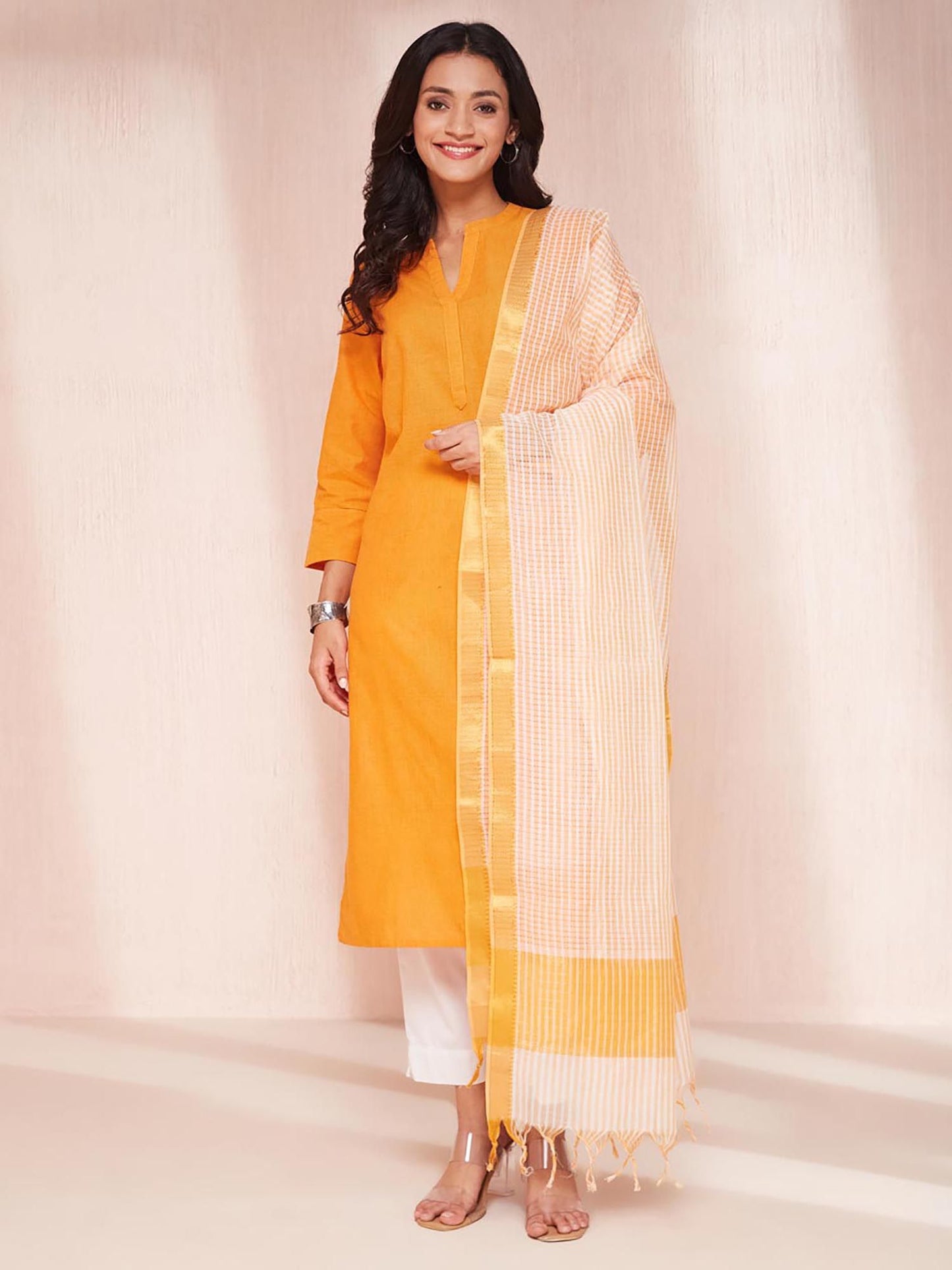 Avni Orange Cotton Regular Fit Kurta with Dupatta (Set of 2)