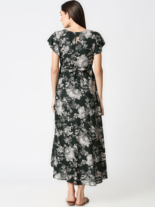 AV2 Olive Green Floral Printed Maternity Midi Dress