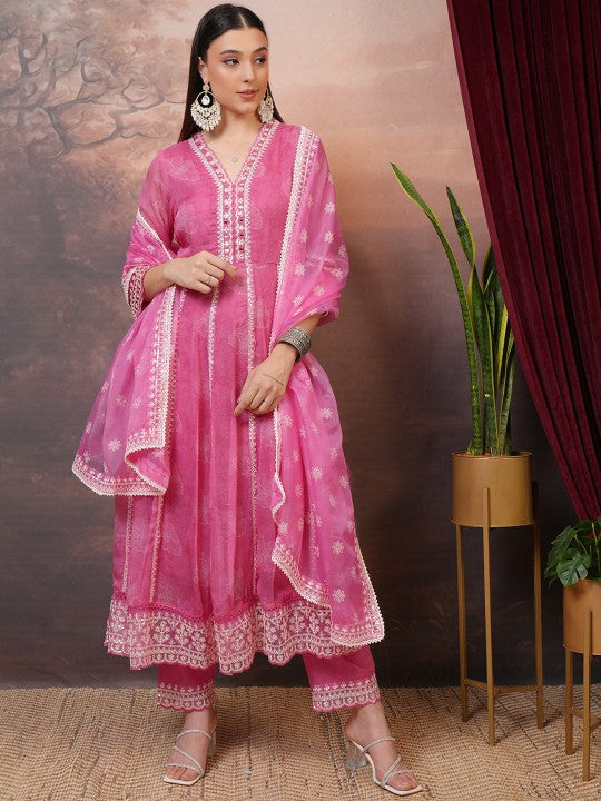 Vishudh Pink Floral Printed Mirror Work Anarkali Kurta