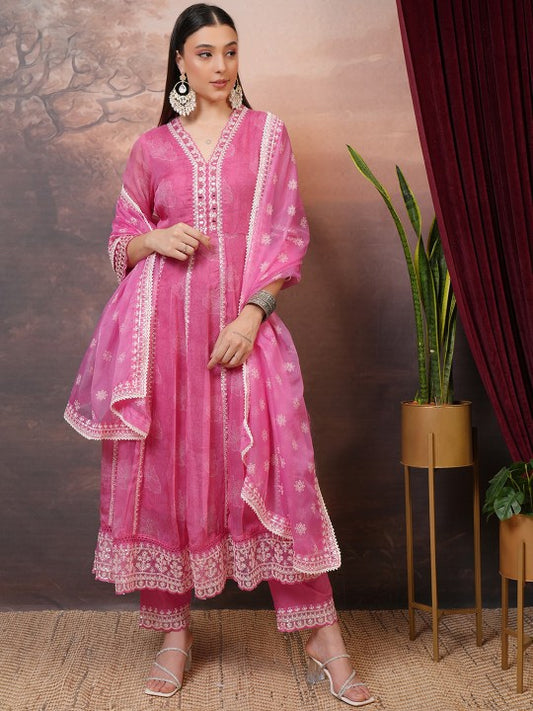 Vishudh Pink Floral Printed Mirror Work Anarkali Kurta
