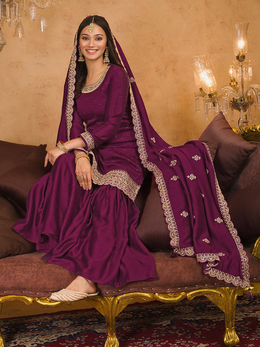 Trendmalls Floral Embroidered Sequinned Anarkali Kurta & Sharara With Dupatta