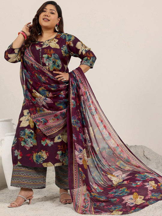EXTRA LOVE BY LIBAS Plus Size Floral Printed Straight Kurta With Palazzo & Dupatta
