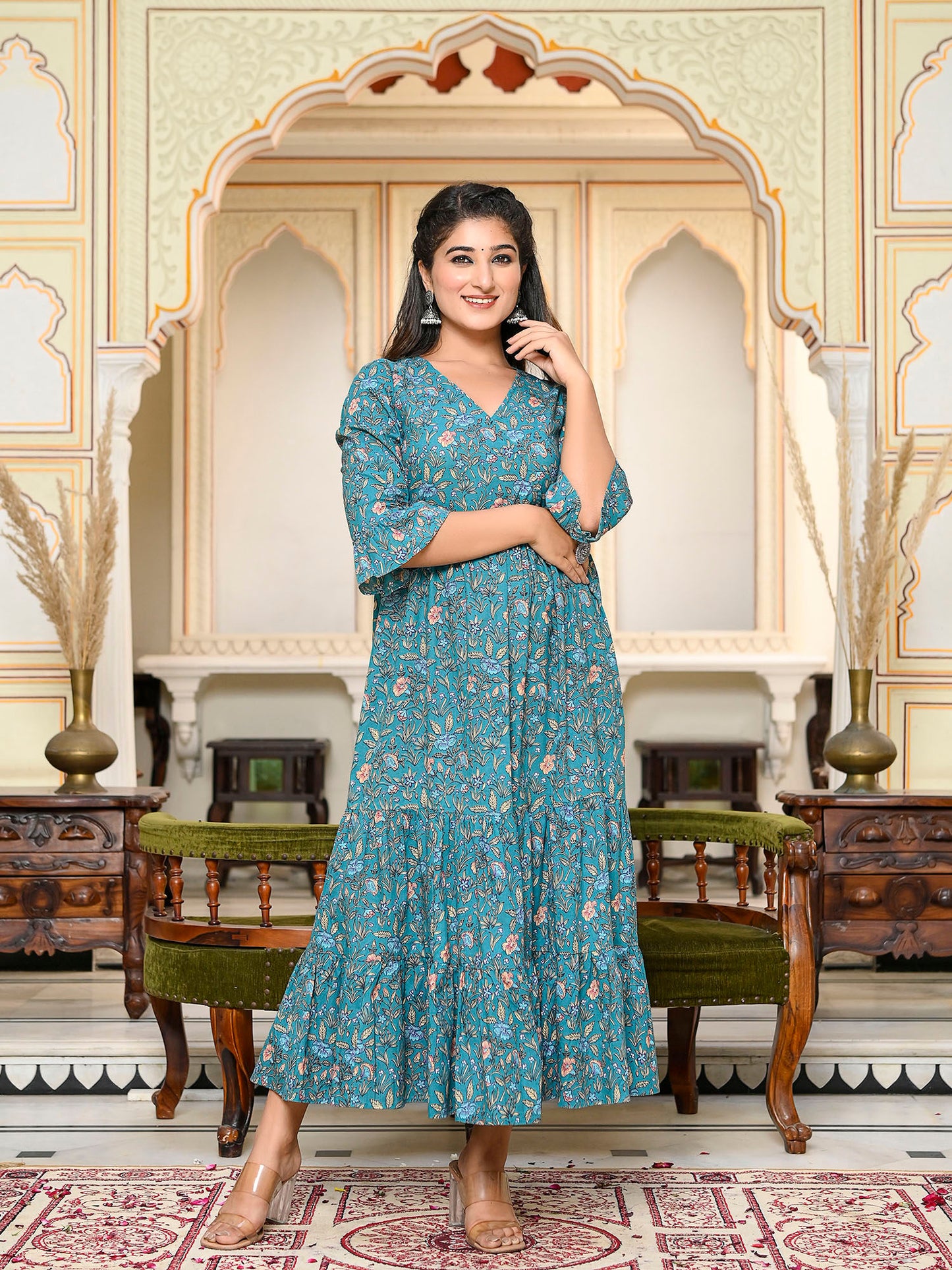 Dark Green Long Printed Tired Dress with Gather