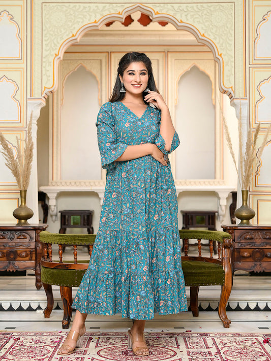 Dark Green Long Printed Tired Dress with Gather