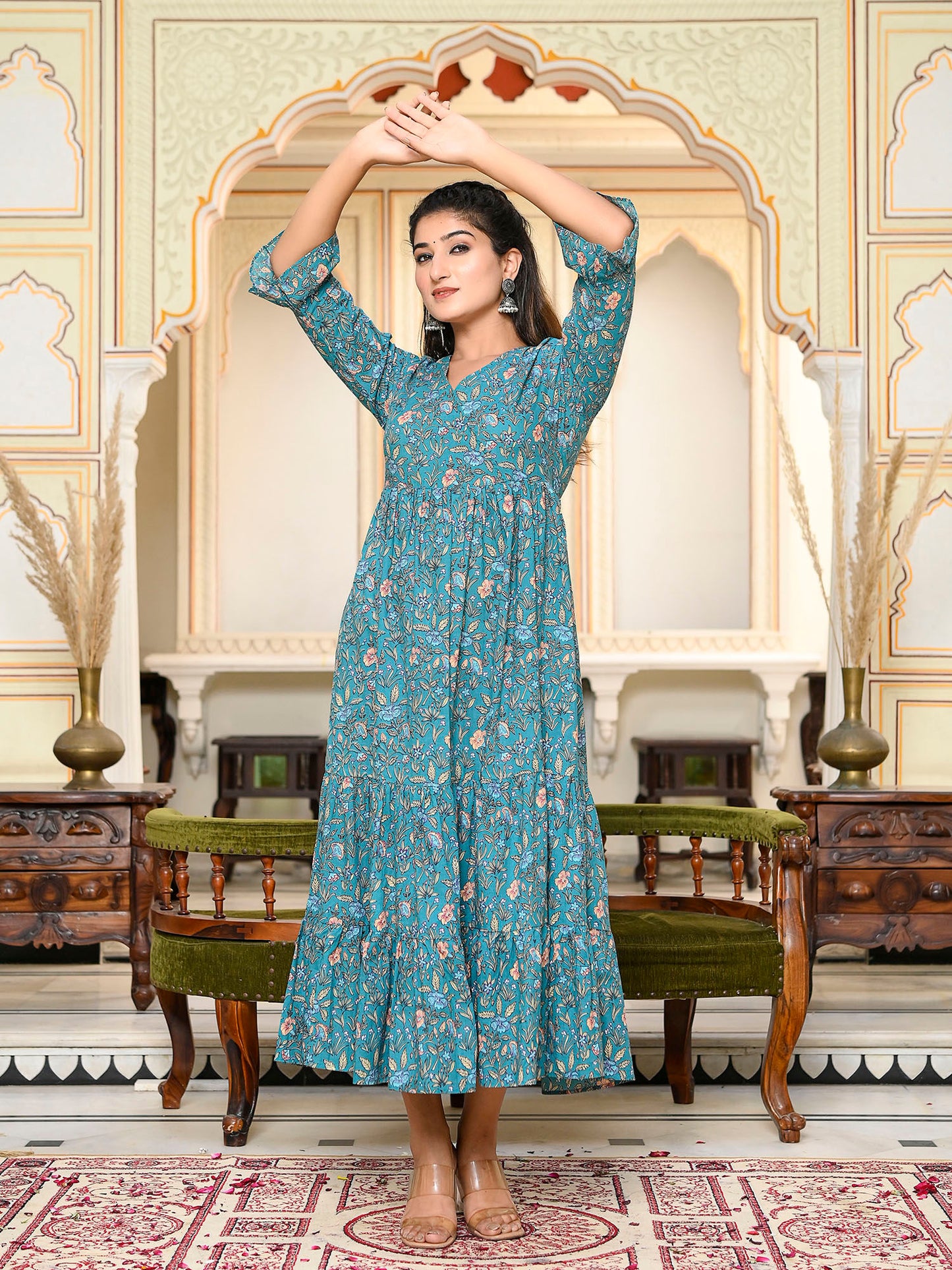 Dark Green Long Printed Tired Dress with Gather