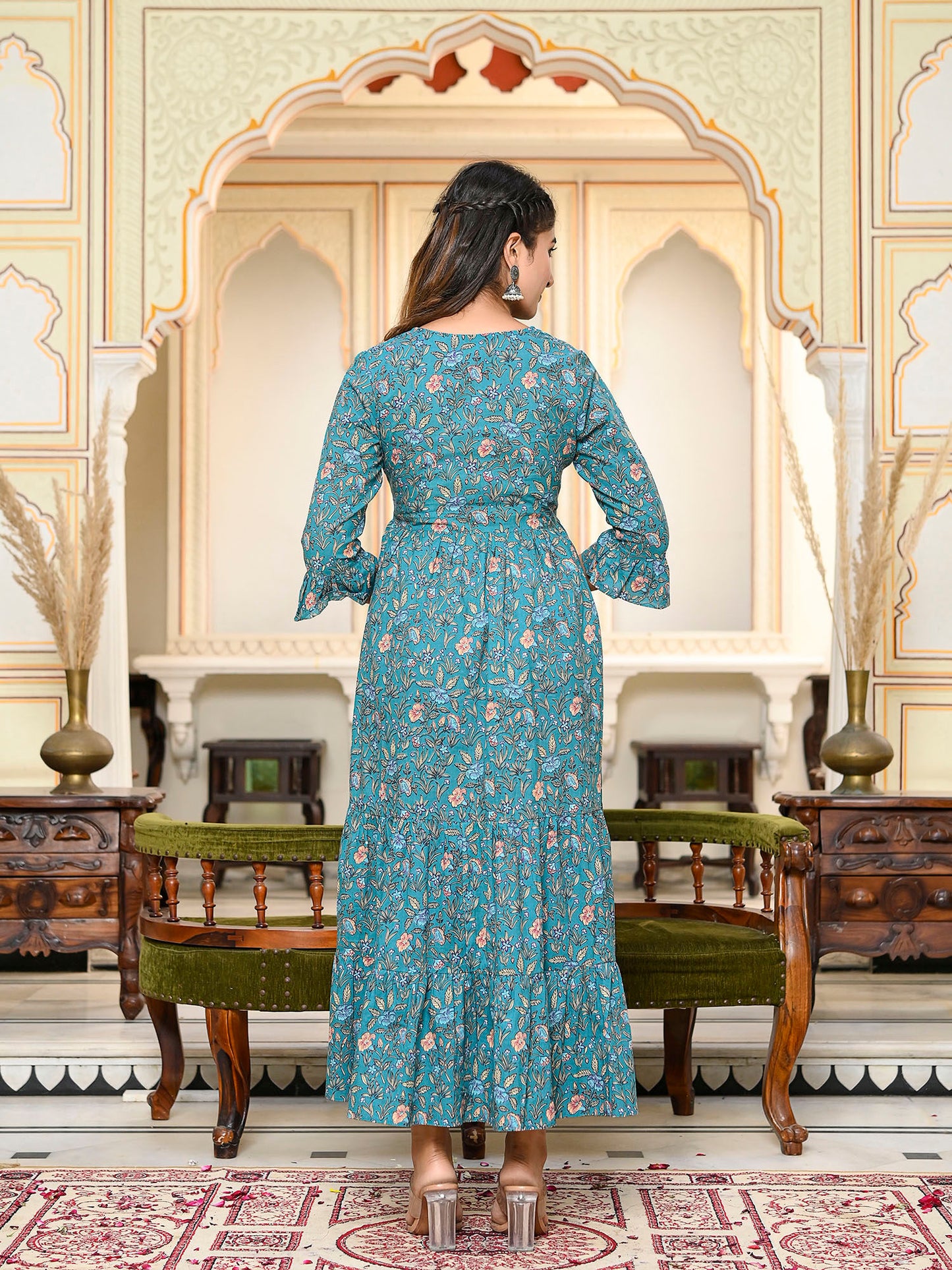 Dark Green Long Printed Tired Dress with Gather