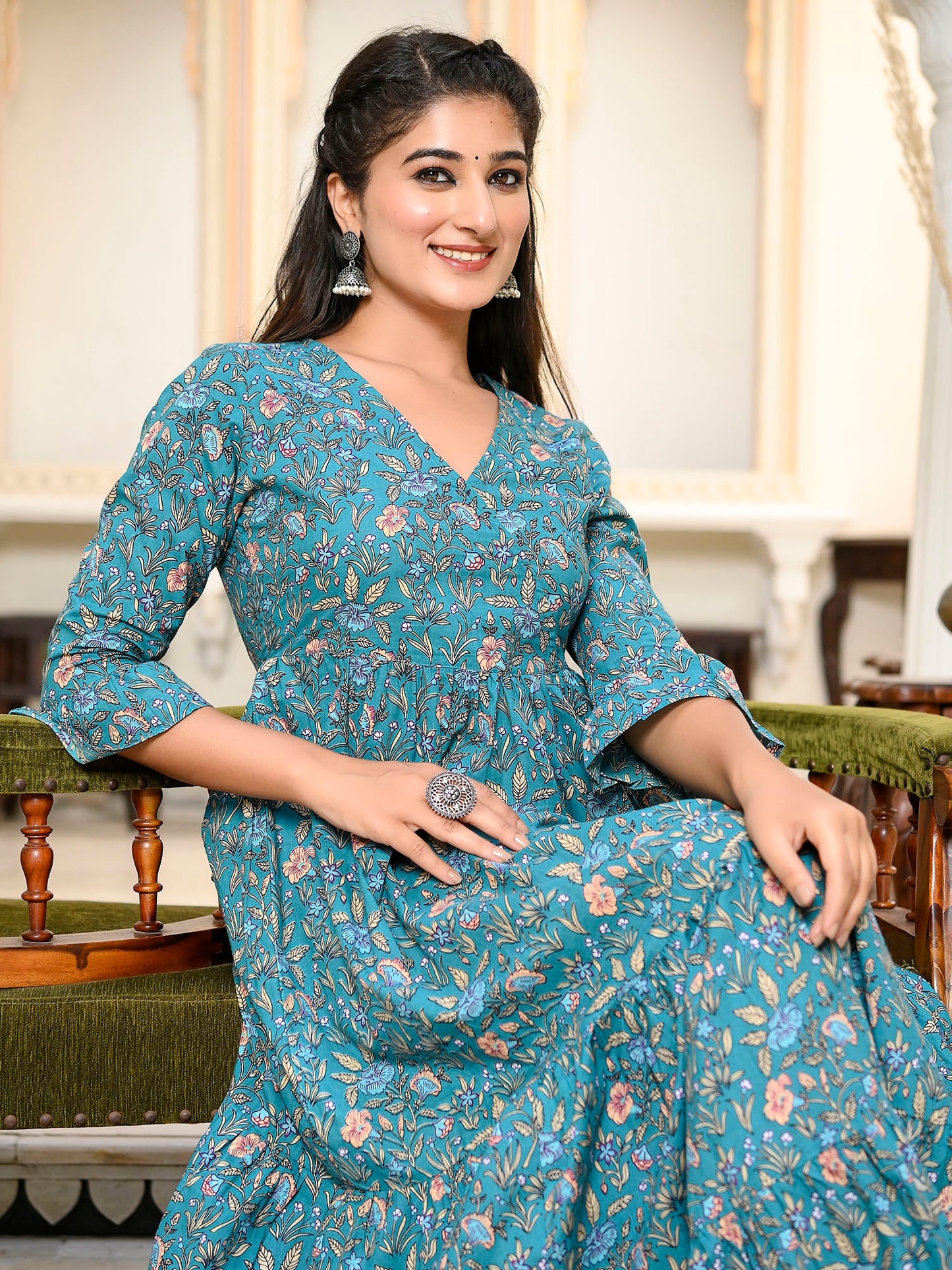 Dark Green Long Printed Tired Dress with Gather