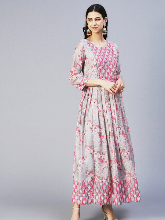 FASHOR Round Neck Floral Printed Silk Maxi Dress