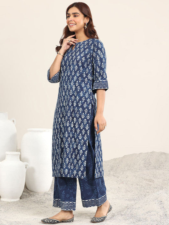 Floral Printed Round Neck Straight Kurta With Palazzos And Dupatta