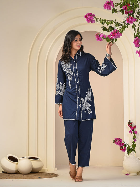Women Navy Blue Cotton Blend Embroidered Co-Ord (Set of 2)