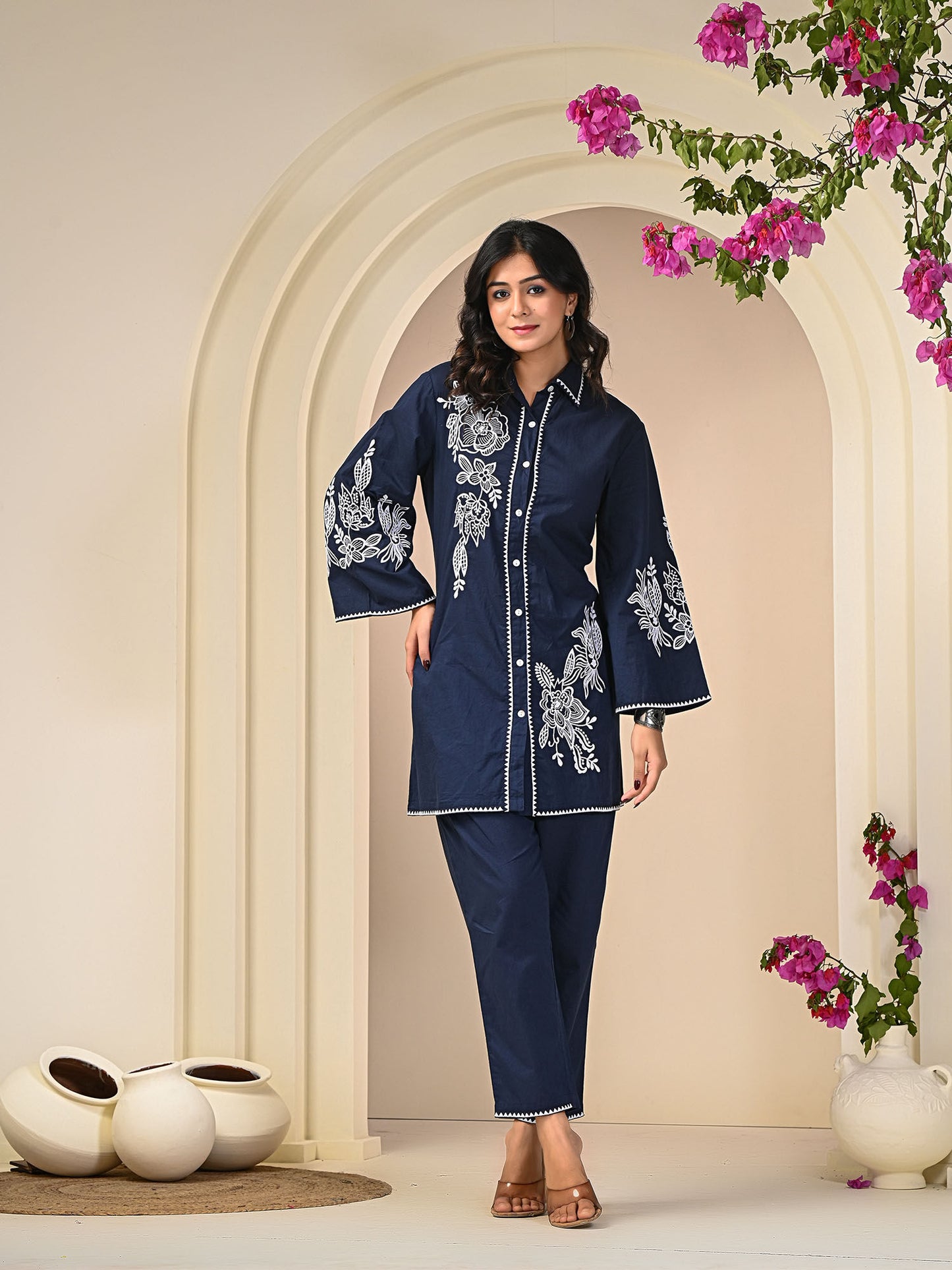Women Navy Blue Cotton Blend Embroidered Co-Ord (Set of 2)
