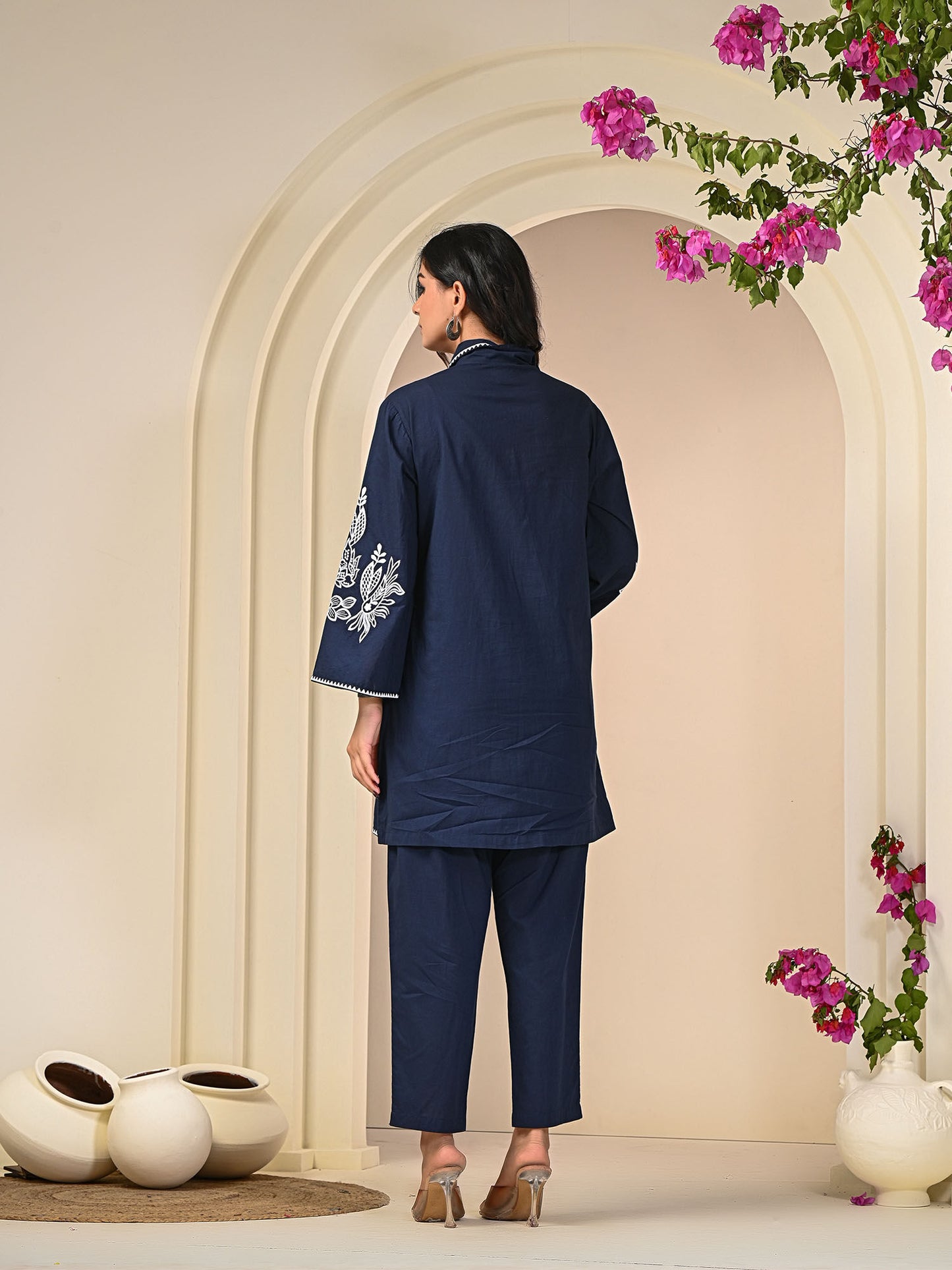 Women Navy Blue Cotton Blend Embroidered Co-Ord (Set of 2)