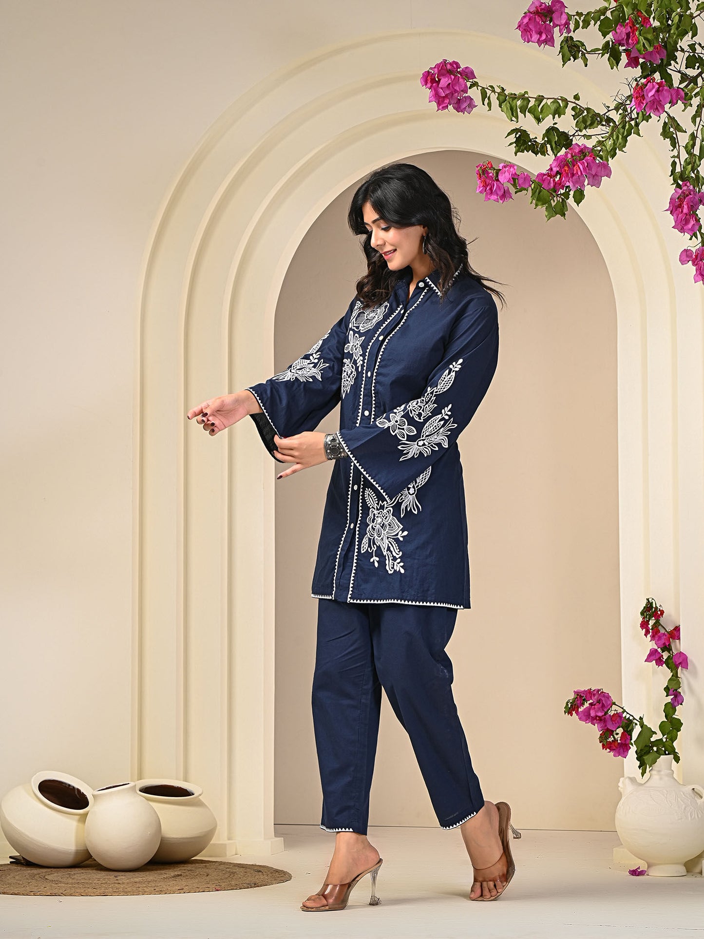 Women Navy Blue Cotton Blend Embroidered Co-Ord (Set of 2)