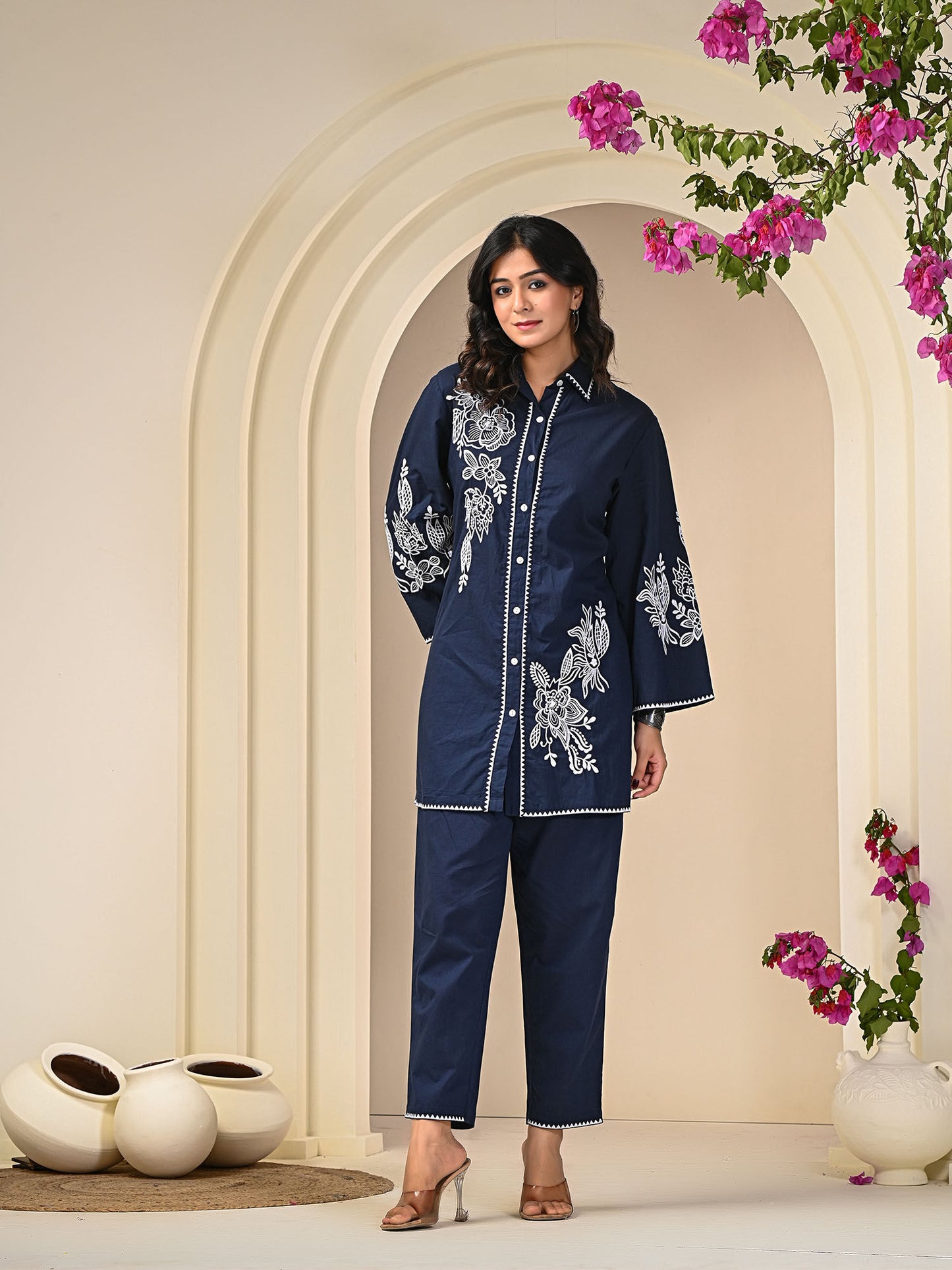 Women Navy Blue Cotton Blend Embroidered Co-Ord (Set of 2)