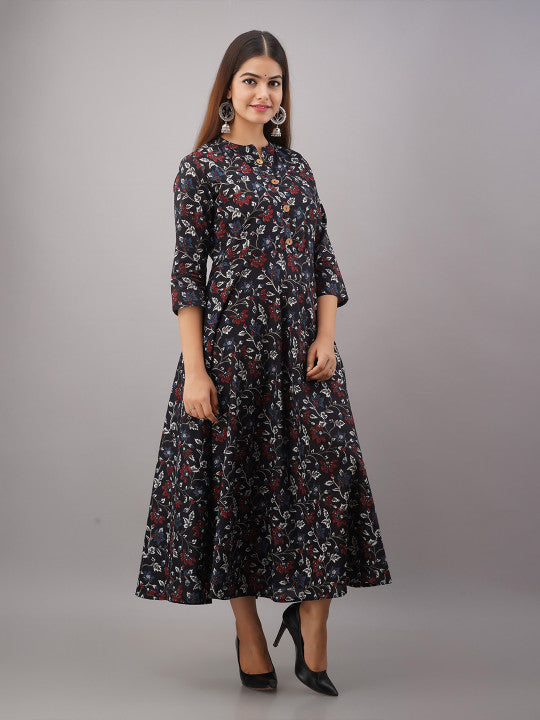 Floral Printed Pure Cotton Fit and Flare Ethnic Dress