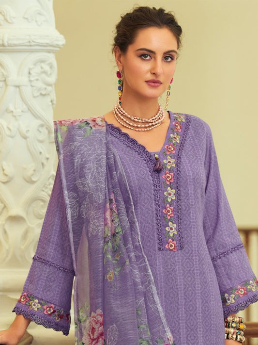 Varanga Geometric Printed Notch Neck Thread Work Pure Cotton Kurta With Trouser & Dupatta