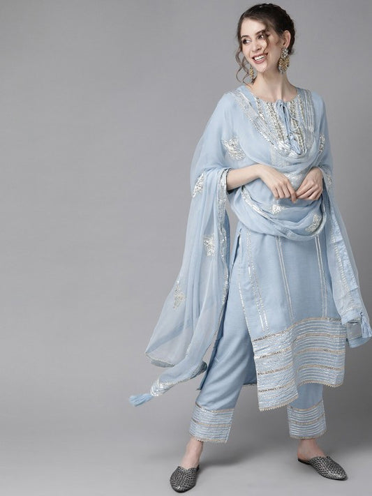 Ishin Women Blue Pleated Gotta Patti Pure Cotton Kurta with Trousers & Dupatta
