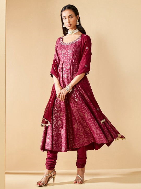 Global Desi Floral Printed Empire Thread Work Kurta with Churidar & Dupatta