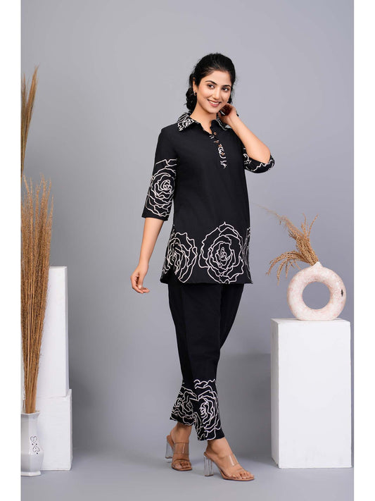 Black Floral Printed Cotton Co-Ord (Set of 2)