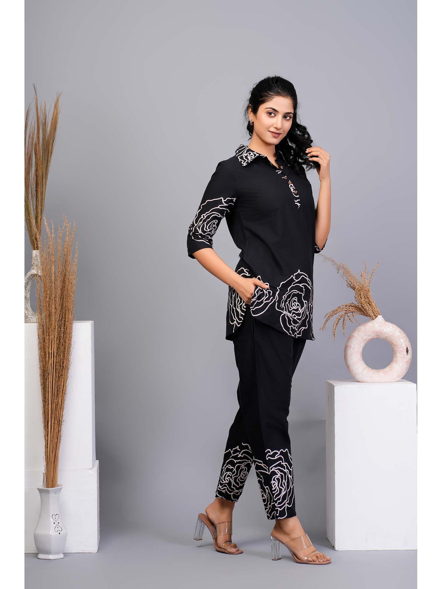 Black Floral Printed Cotton Co-Ord (Set of 2)