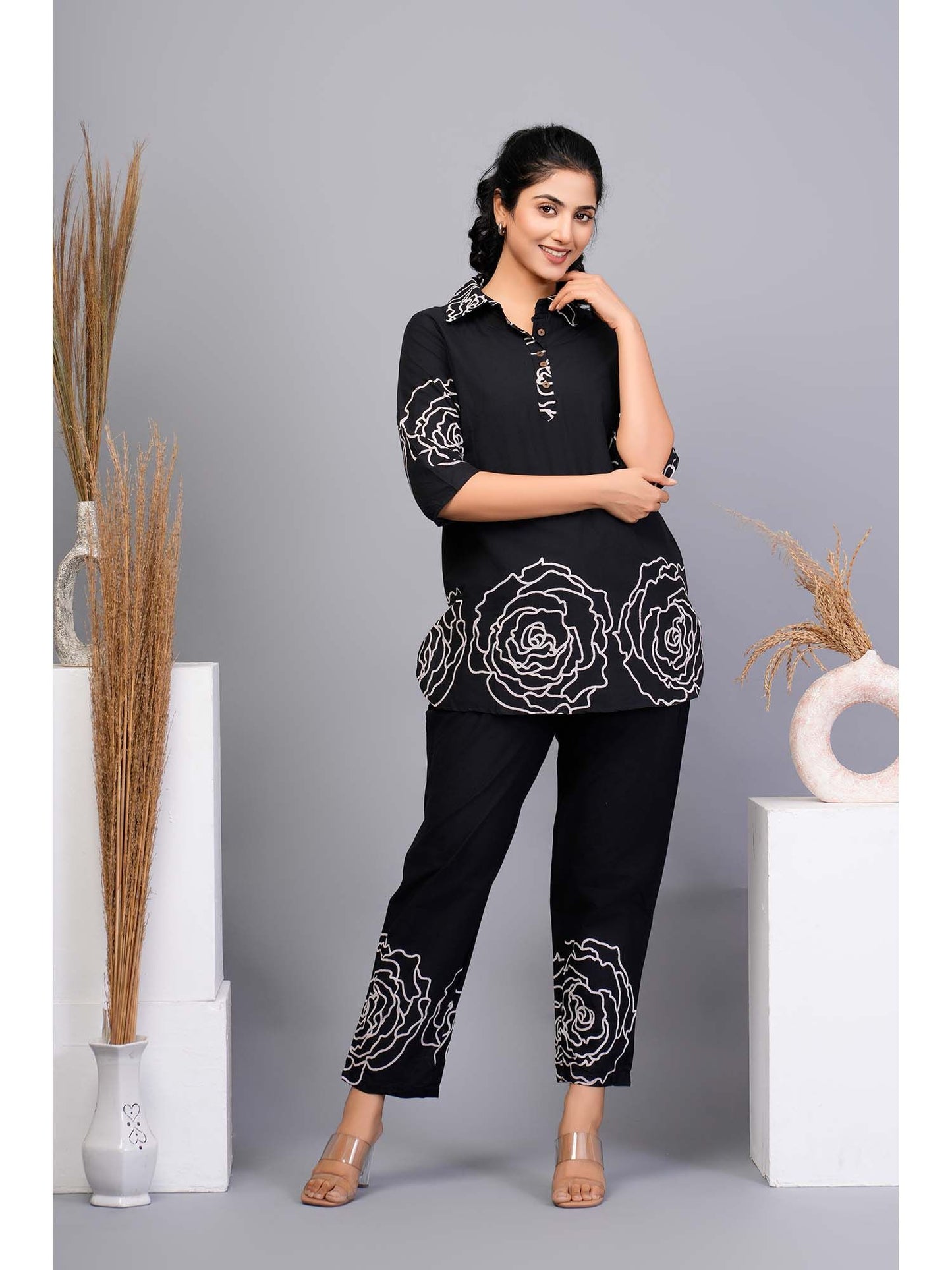 Black Floral Printed Cotton Co-Ord (Set of 2)