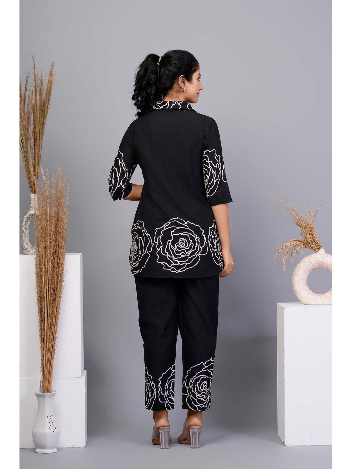 Black Floral Printed Cotton Co-Ord (Set of 2)