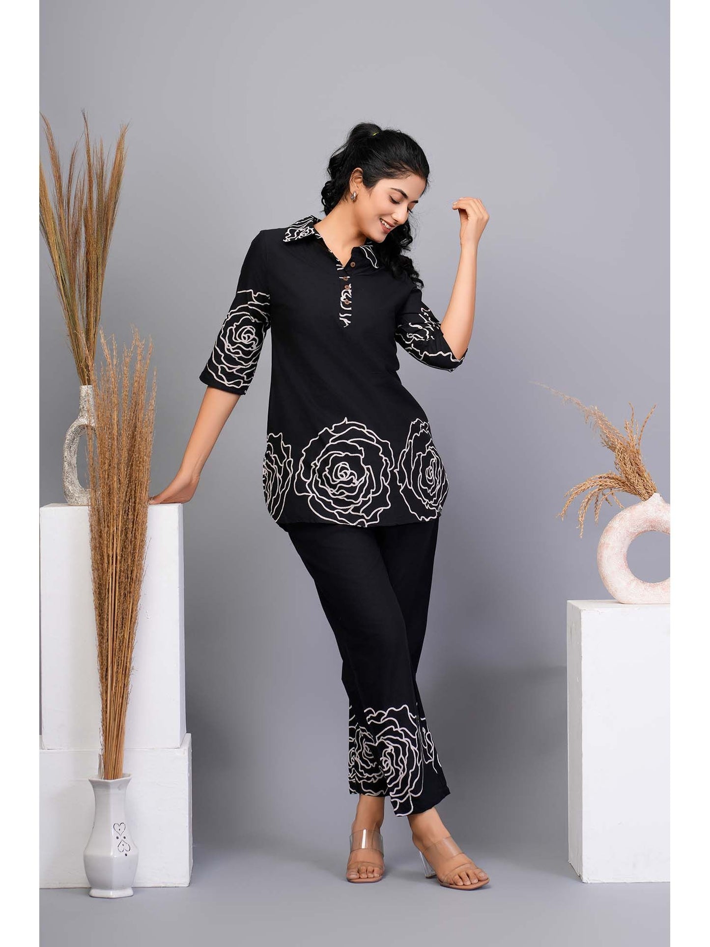 Black Floral Printed Cotton Co-Ord (Set of 2)