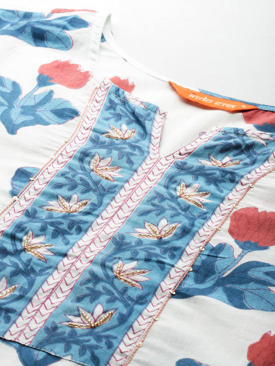 Indo Era Floral Printed Beads and Stones Pure Cotton Kurta with Trousers & With Dupatta
