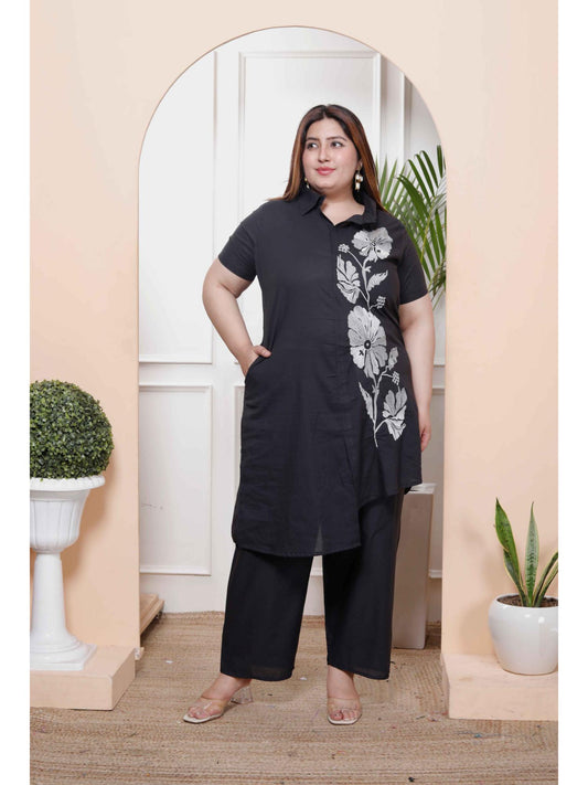 Womens Plus Size Black Pure Cotton Floral Embroidered High Low Co-Ord (Set of 2)