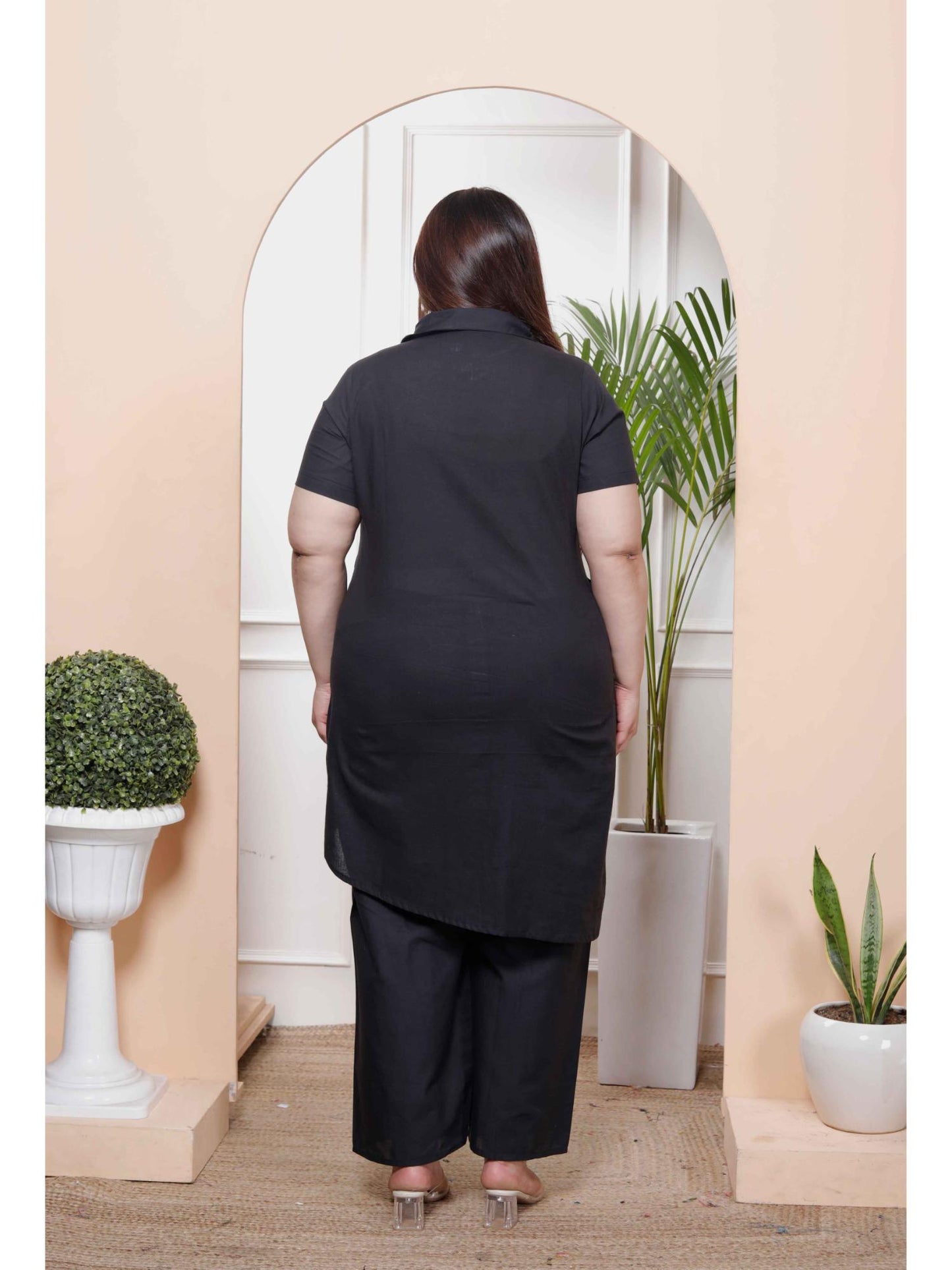 Womens Plus Size Black Pure Cotton Floral Embroidered High Low Co-Ord (Set of 2)