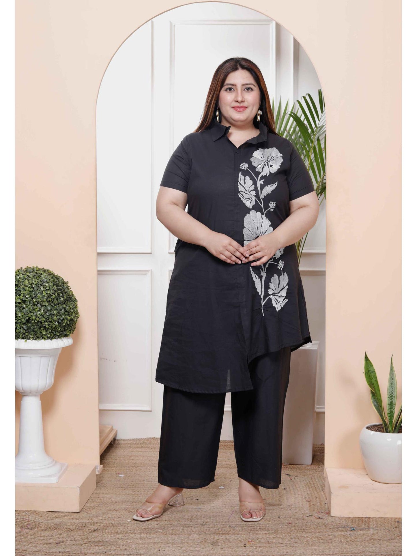 Womens Plus Size Black Pure Cotton Floral Embroidered High Low Co-Ord (Set of 2)
