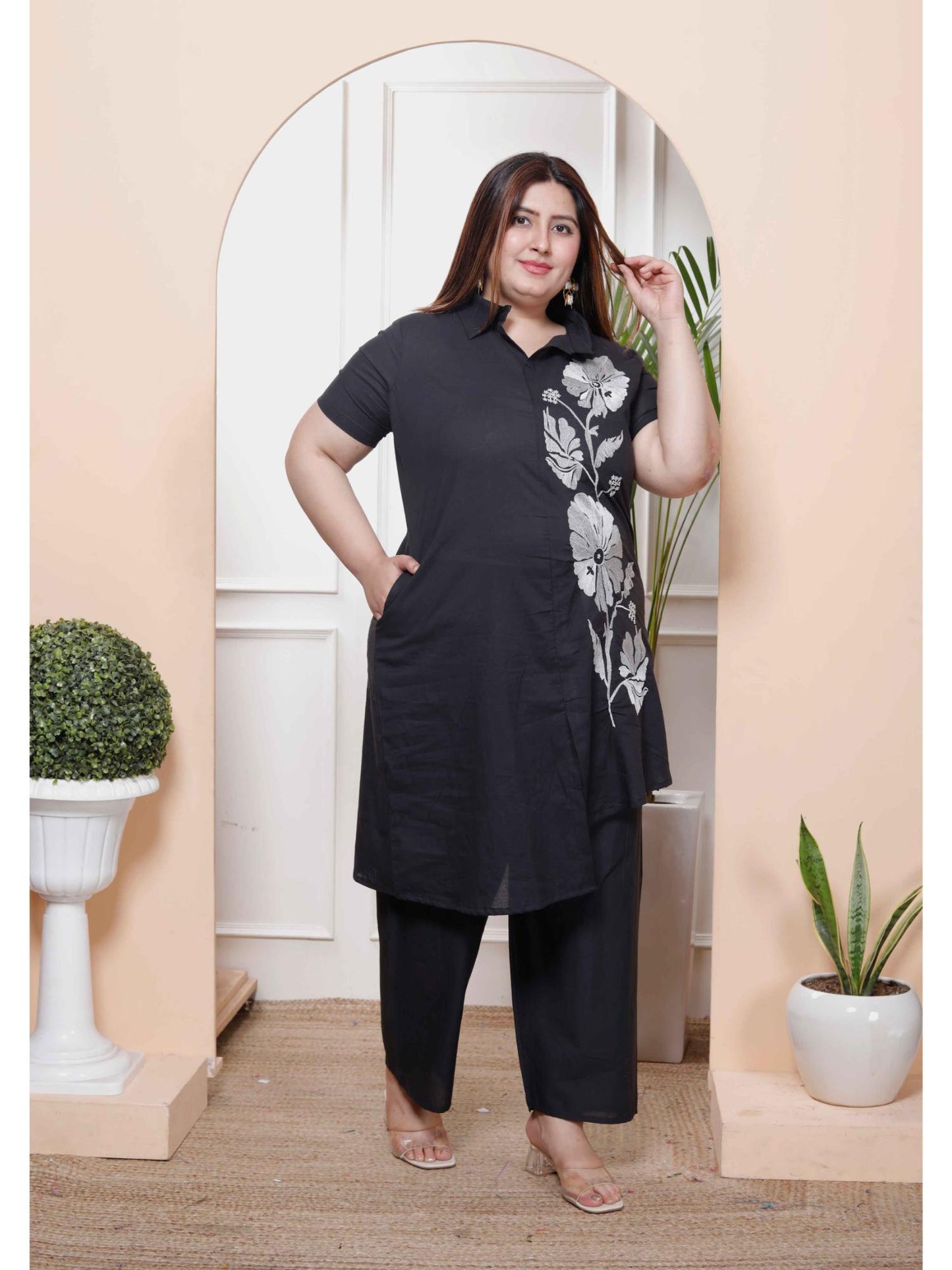 Womens Plus Size Black Pure Cotton Floral Embroidered High Low Co-Ord (Set of 2)