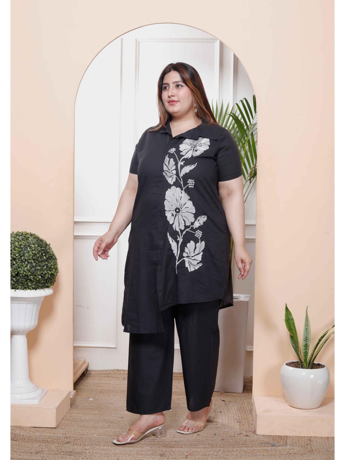 Womens Plus Size Black Pure Cotton Floral Embroidered High Low Co-Ord (Set of 2)
