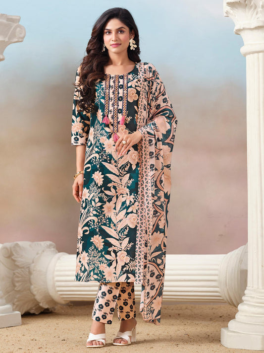 Women Floral Kurta with Mirror with Pant and Dupatta - Green (Set of 3)