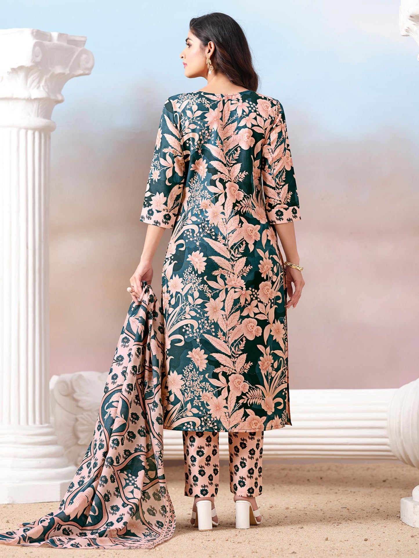 Women Floral Kurta with Mirror with Pant and Dupatta - Green (Set of 3)