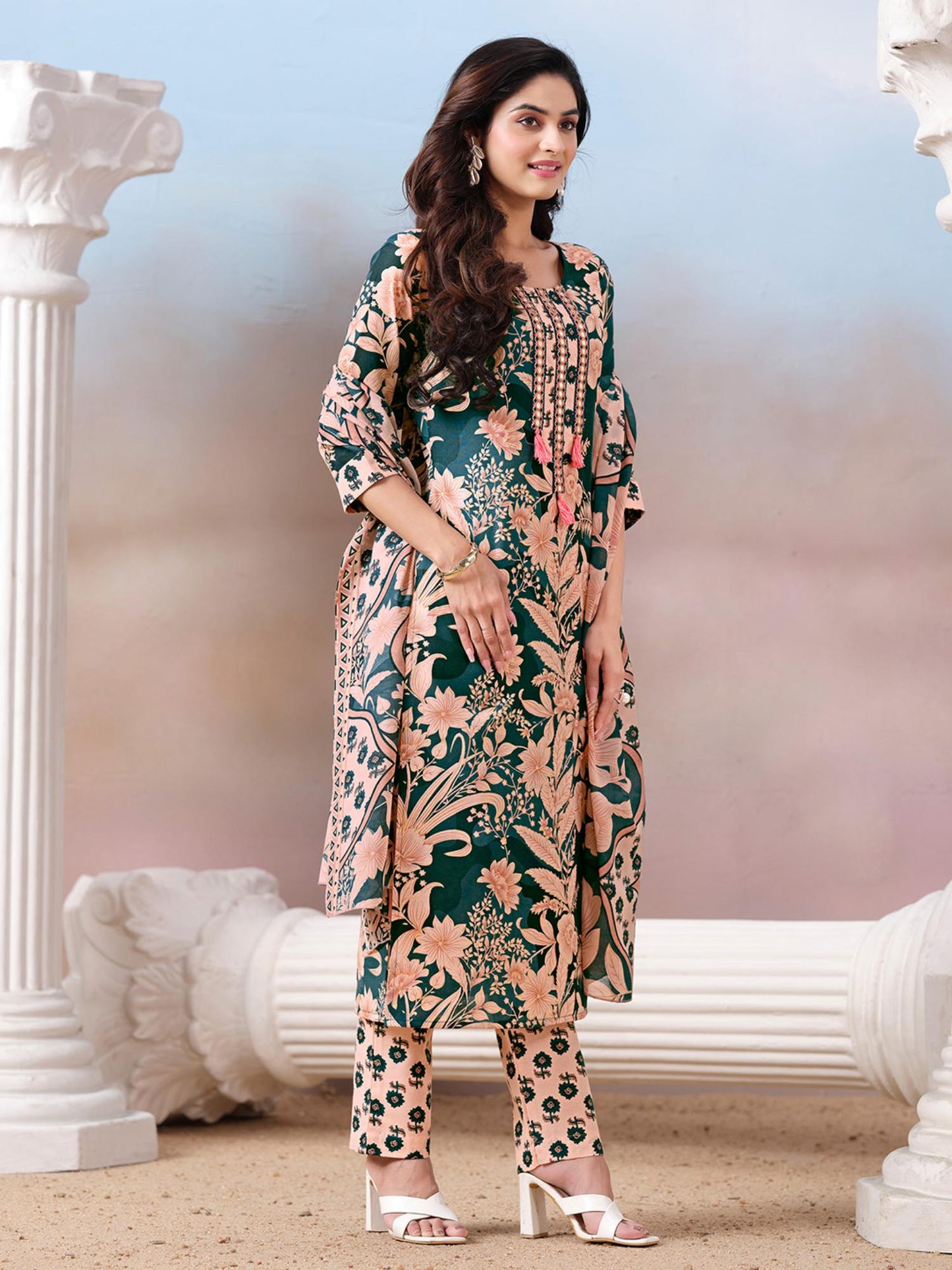 Women Floral Kurta with Mirror with Pant and Dupatta - Green (Set of 3)