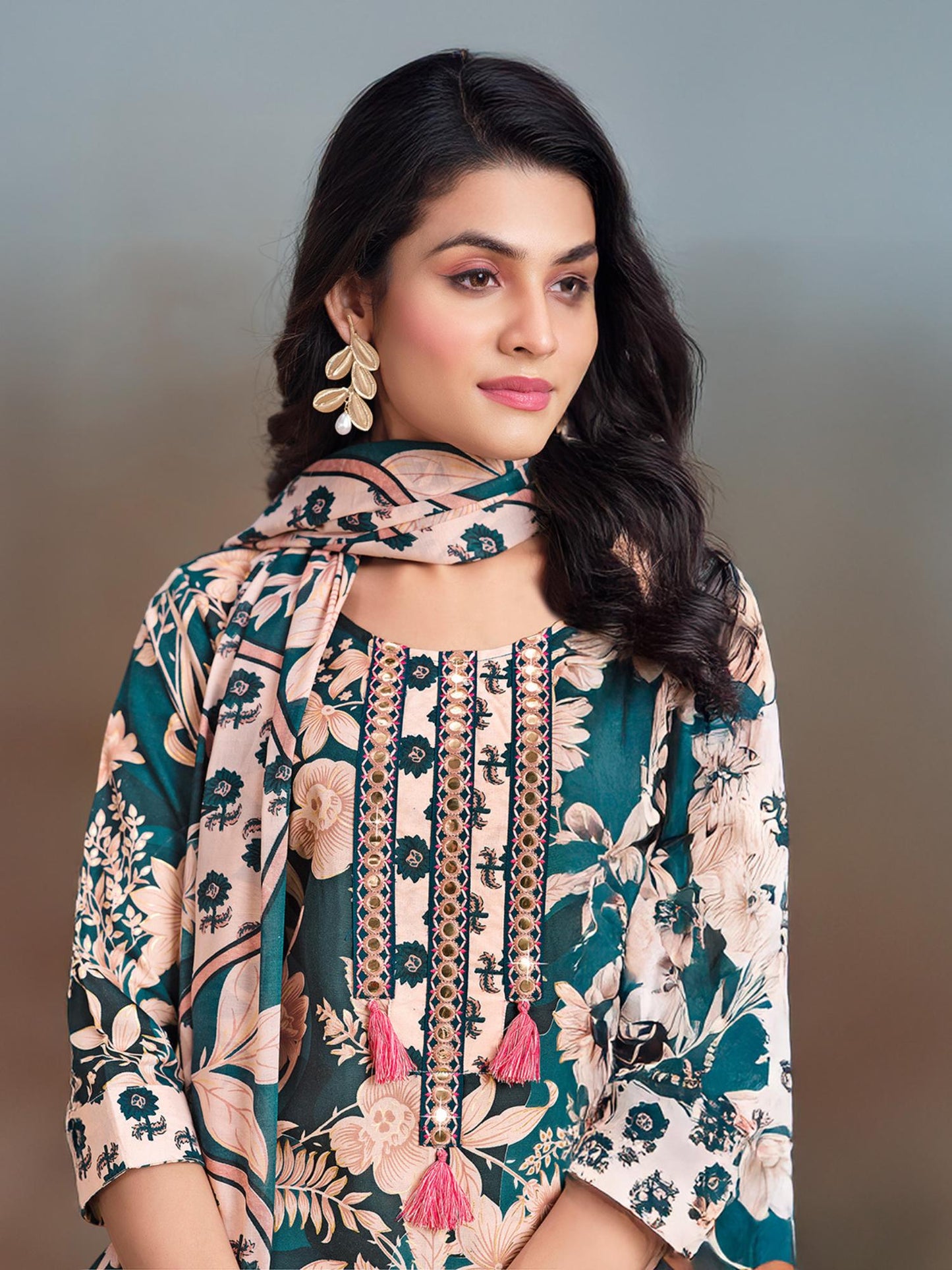 Women Floral Kurta with Mirror with Pant and Dupatta - Green (Set of 3)
