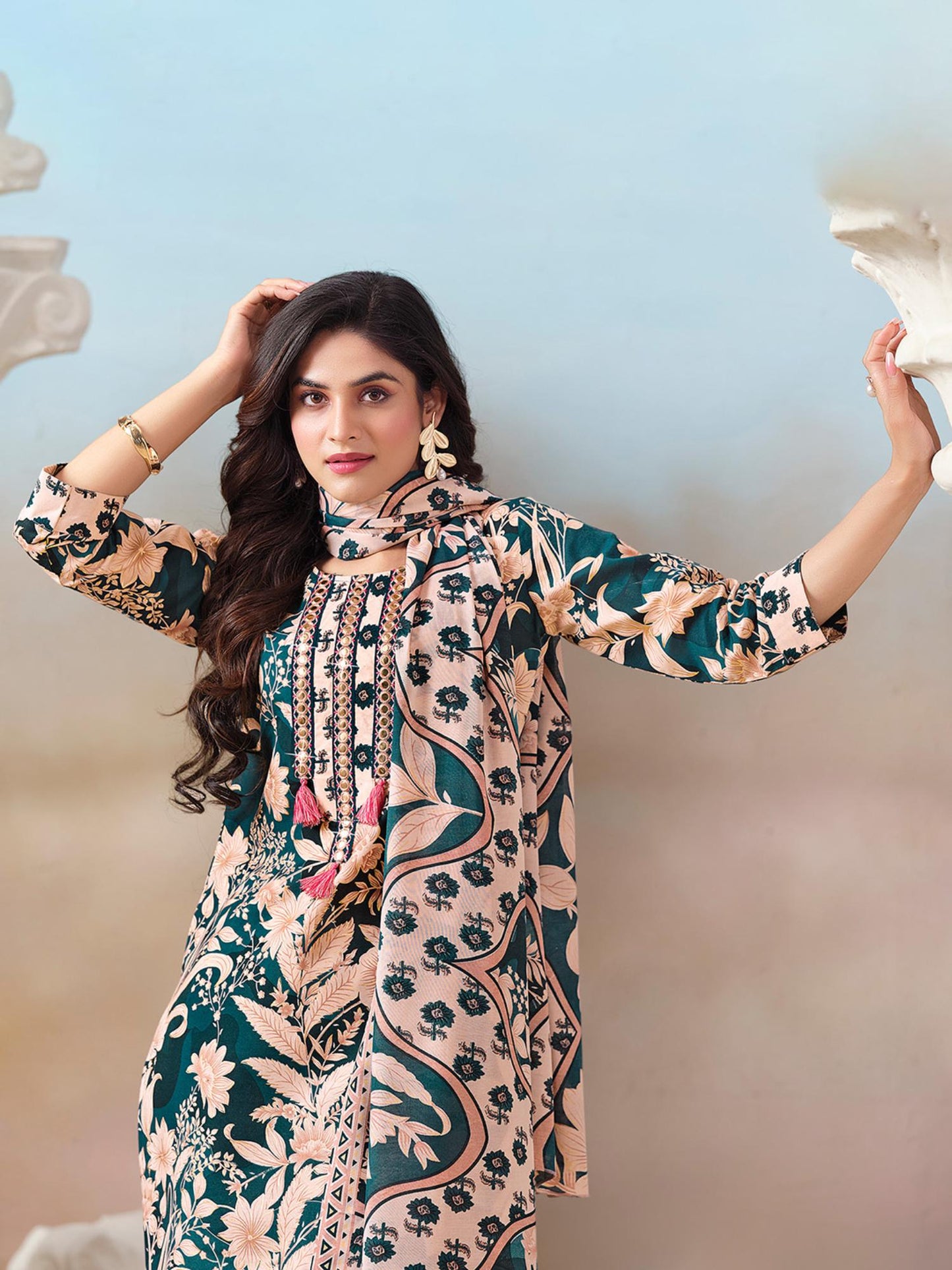 Women Floral Kurta with Mirror with Pant and Dupatta - Green (Set of 3)